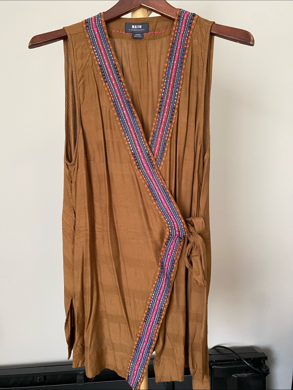 Maeve Brown Sleeveless Wrap Top with Multicolor Embroidery